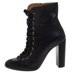 Pre Owned Chloe Black Leather Lace Up Ankle Boots Size 39