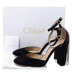 Pre Owned Chloe Black Suede Bead Embellished Block Heel Ankle Strap Liv D'orsay Pumps Size 39