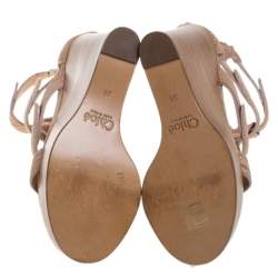 Chloe Beige/Brown Textured Nubuck Gladiator Platform Sandals Size 38