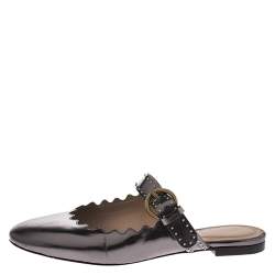 Pre Owned Chloe Metallic Grey Foil Leather Lauren Buckle Strap Flat Slides Size 36