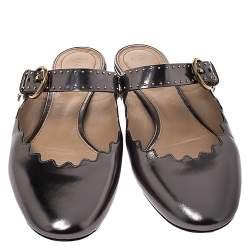 Pre Owned Chloe Metallic Grey Foil Leather Lauren Buckle Strap Flat Slides Size 36