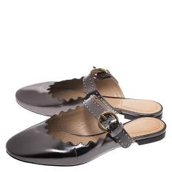 Pre Owned Chloe Metallic Grey Foil Leather Lauren Buckle Strap Flat Slides Size 36