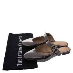 Pre Owned Chloe Metallic Grey Foil Leather Lauren Buckle Strap Flat Slides Size 36