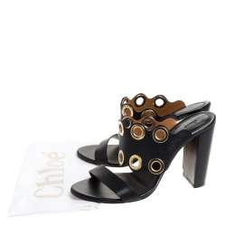 Pre Owned Chloe Black Leather Grommet Embellished Mule Sandals Size 39
