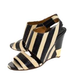 Pre Owned Chloe Cream/Black Striped Python Leather Ayers Wedge Slingback Sandals Size 37.5