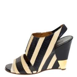 Pre Owned Chloe Cream/Black Striped Python Leather Ayers Wedge Slingback Sandals Size 37.5