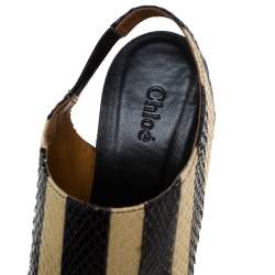 Pre Owned Chloe Cream/Black Striped Python Leather Ayers Wedge Slingback Sandals Size 37.5