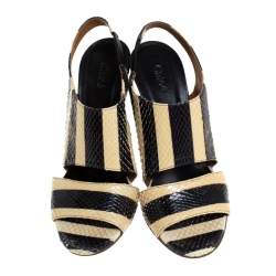 Pre Owned Chloe Cream/Black Striped Python Leather Ayers Wedge Slingback Sandals Size 37.5
