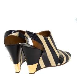Pre Owned Chloe Cream/Black Striped Python Leather Ayers Wedge Slingback Sandals Size 37.5