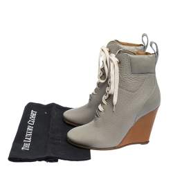 Pre Owned Chloe Grey Leather Lace Up Wedge Ankle Boots Size 37.5