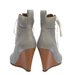 Pre Owned Chloe Grey Leather Lace Up Wedge Ankle Boots Size 37.5