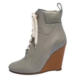 Pre Owned Chloe Grey Leather Lace Up Wedge Ankle Boots Size 37.5