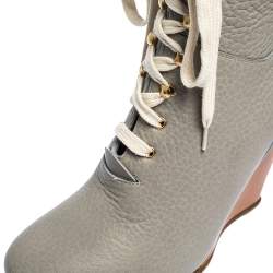 Pre Owned Chloe Grey Leather Lace Up Wedge Ankle Boots Size 37.5
