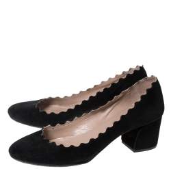 Pre Owned Chloe Black Suede Scalloped Block Heel Pumps Size 36