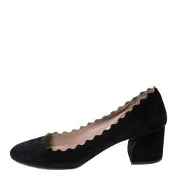Pre Owned Chloe Black Suede Scalloped Block Heel Pumps Size 36