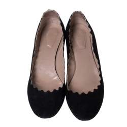 Pre Owned Chloe Black Suede Scalloped Block Heel Pumps Size 36