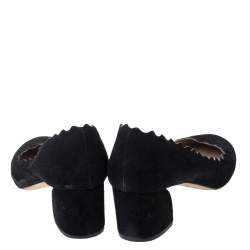Pre Owned Chloe Black Suede Scalloped Block Heel Pumps Size 36
