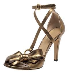 Pre Owned Chloe Metallic Bronze Leather Bow Detail Ankle Strap Sandals Size 38