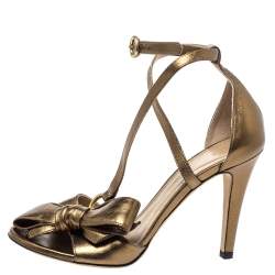 Pre Owned Chloe Metallic Bronze Leather Bow Detail Ankle Strap Sandals Size 38