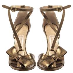 Pre Owned Chloe Metallic Bronze Leather Bow Detail Ankle Strap Sandals Size 38