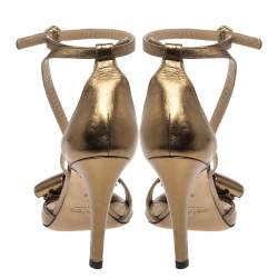 Pre Owned Chloe Metallic Bronze Leather Bow Detail Ankle Strap Sandals Size 38