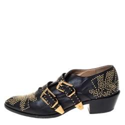 Pre Owned Chloe Black Leather Suzanna Studded Double Buckle Detail Loafers Size 40