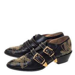 Pre Owned Chloe Black Leather Suzanna Studded Double Buckle Detail Loafers Size 40