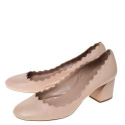 Pre Owned Chloe Beige Leather Lauren Scallop Trim Block Heel Pumps Size 39