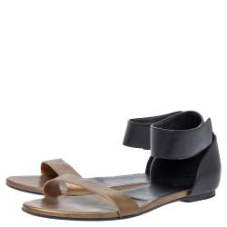 Chloe Black/Brown Leather Ankle Cuff Flat Sandals Size 40