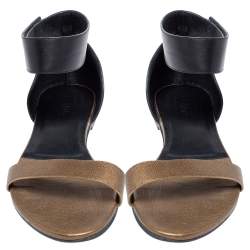 Chloe Black/Brown Leather Ankle Cuff Flat Sandals Size 40