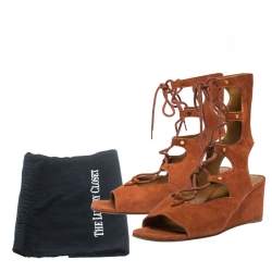 Pre Owned Chloe Orange Suede Leather Lettonia Gladiator Wedge Sandals Size 37.5