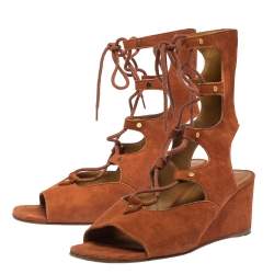 Pre Owned Chloe Orange Suede Leather Lettonia Gladiator Wedge Sandals Size 37.5