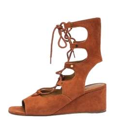 Pre Owned Chloe Orange Suede Leather Lettonia Gladiator Wedge Sandals Size 37.5
