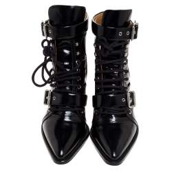 Pre Owned Chloe Black Leather Serina Lace Up Buckle Detail Block Heel Ankle Boots Size 39