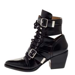 Pre Owned Chloe Black Leather Serina Lace Up Buckle Detail Block Heel Ankle Boots Size 39