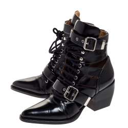 Pre Owned Chloe Black Leather Serina Lace Up Buckle Detail Block Heel Ankle Boots Size 39