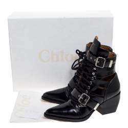 Pre Owned Chloe Black Leather Serina Lace Up Buckle Detail Block Heel Ankle Boots Size 39