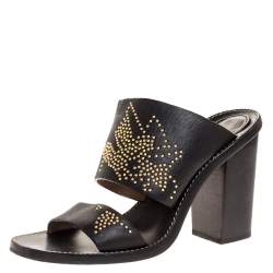 Chloe Black Studded Leather Block Heel Slide Sandals Size 38.5