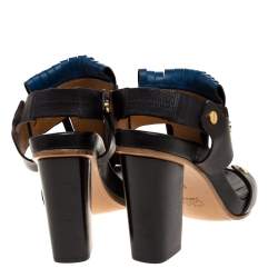 Pre Owned Chloe Black/Blue Leather Fringe Block Heel Sandals Size 39.5