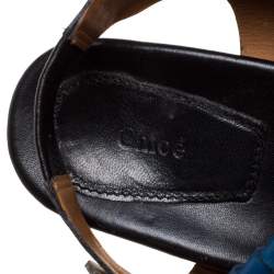 Pre Owned Chloe Black/Blue Leather Fringe Block Heel Sandals Size 39.5