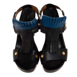 Pre Owned Chloe Black/Blue Leather Fringe Block Heel Sandals Size 39.5
