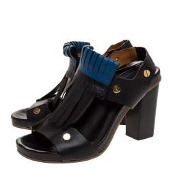 Pre Owned Chloe Black/Blue Leather Fringe Block Heel Sandals Size 39.5