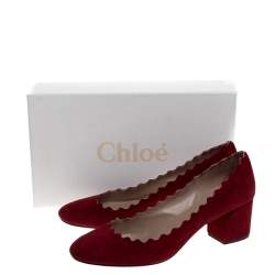Pre Owned Chloe Red Suede Lauren Scallop Trim Block Heel Pumps Size 38
