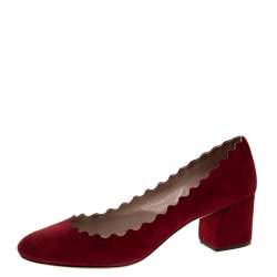 Pre Owned Chloe Red Suede Lauren Scallop Trim Block Heel Pumps Size 38