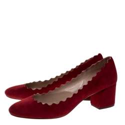 Pre Owned Chloe Red Suede Lauren Scallop Trim Block Heel Pumps Size 38