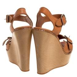 Pre Owned Chloe Brown Leather Wooden Wedge Buckle Sandals Size 37