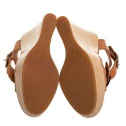 Pre Owned Chloe Brown Leather Wooden Wedge Buckle Sandals Size 37