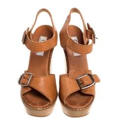 Pre Owned Chloe Brown Leather Wooden Wedge Buckle Sandals Size 37