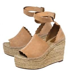 Pre Owned Chloe Beige Suede Scalloped Trim Lauren Ankle Wrap Espadrille Platform Wedge Sandals Size 38