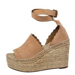 Pre Owned Chloe Beige Suede Scalloped Trim Lauren Ankle Wrap Espadrille Platform Wedge Sandals Size 38